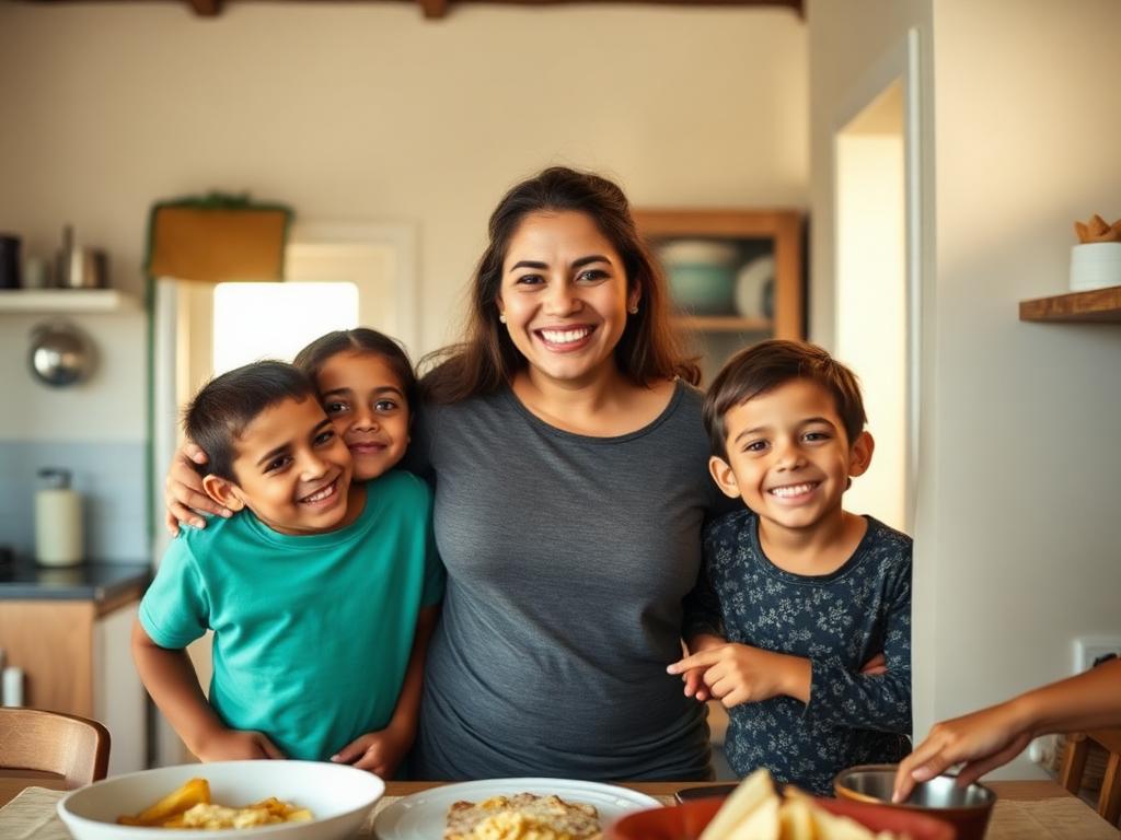 Família brasileira sorrindo em casa